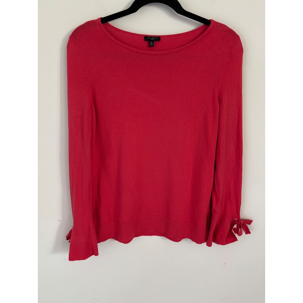 Talbots Petites Red Cotton Cashmere Blend Bow Cuff Bell Sleeve Sweater MP